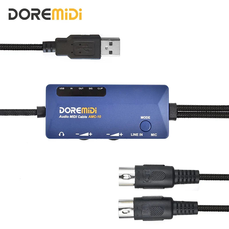 Blue doremidi audio midi cable usb amc-10 converter with black braided usb and 5.2mm trs connectors for interfacing devices