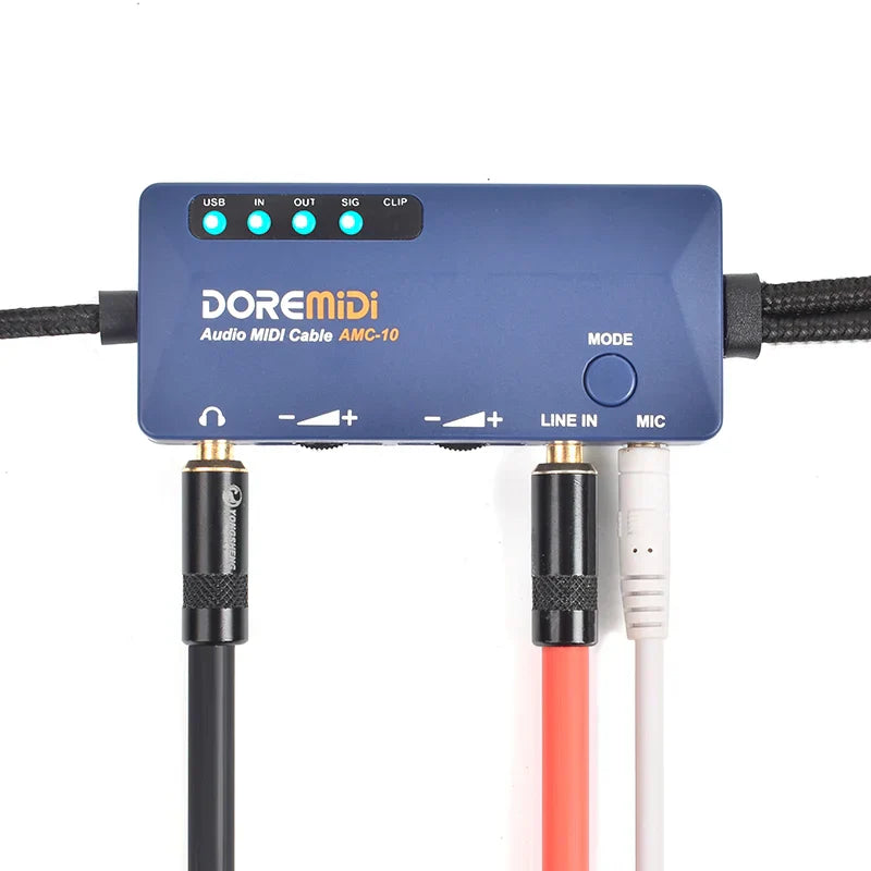 Blue doremidi audio midi cable usb amc-10 converter with four illuminated status leds and multiple audio midi jacks