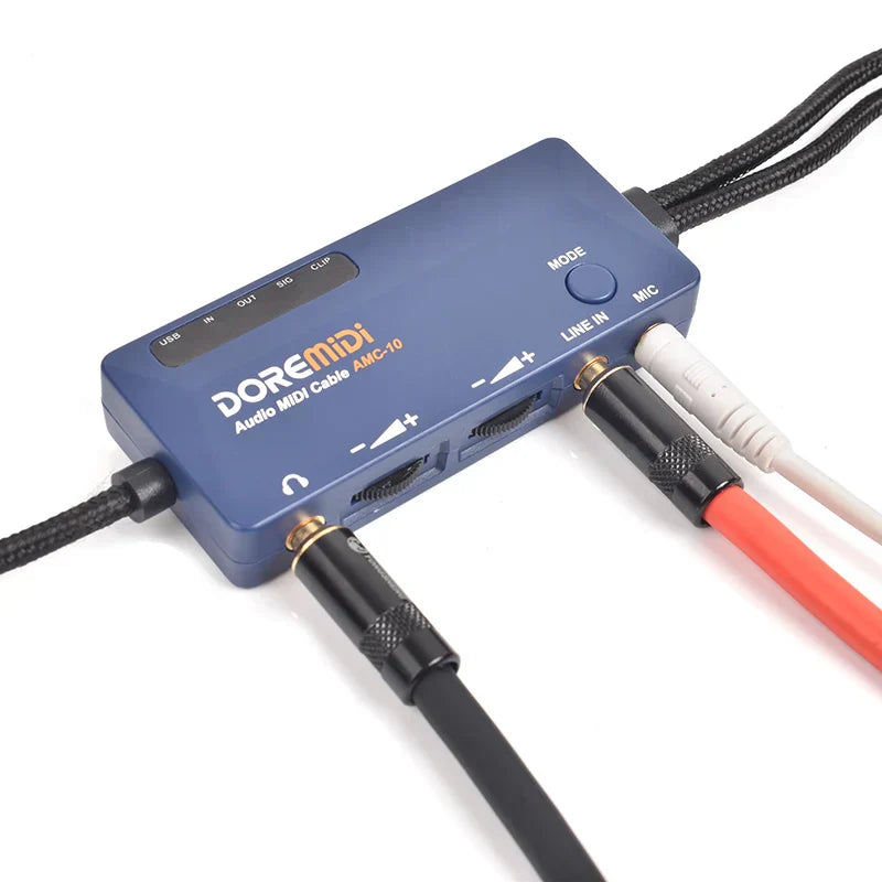 Blue doremidi audio midi usb amc-10 converter with multiple audio jacks and connected midi cable usb for sound card functions