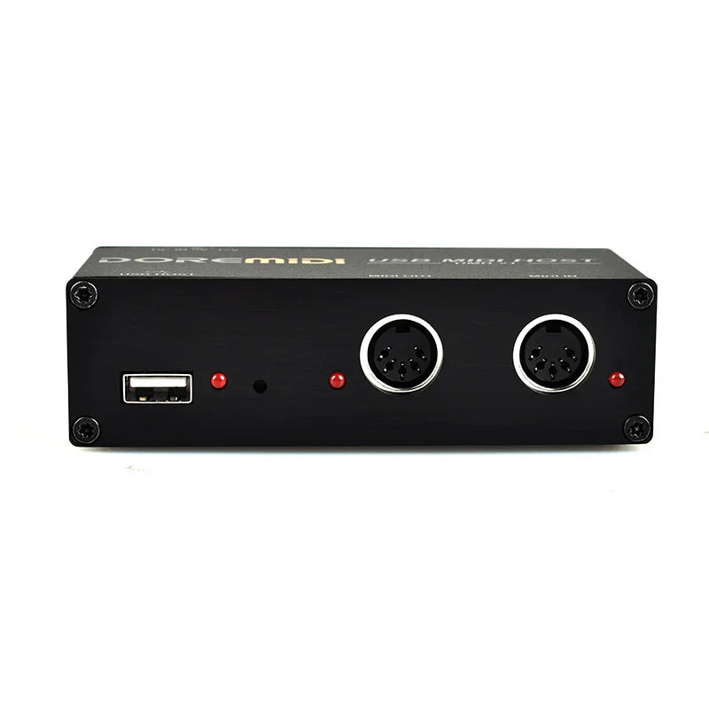 Black doremidi usb midi host box with two silver midi ports and usb port featuring red indicator lights for midi interfaces