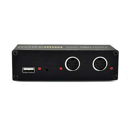 Black doremidi usb midi host box with two silver midi ports and usb port featuring red indicator lights for midi interfaces