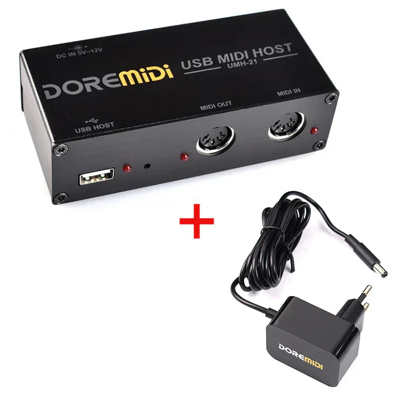Black doremidi usb midi host box umh-21 with silver ports and red indicator lights paired with matching power adapter