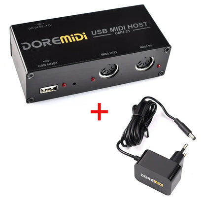 Black doremidi usb midi host box umh-21 with silver ports and red indicator lights paired with matching power adapter