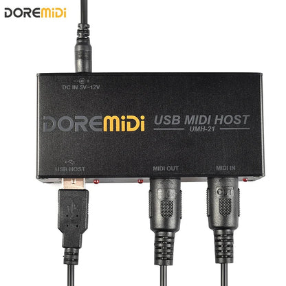 Black doremidi umh-21 usb midi host box with usb host port, two midi ports, and indicator light for high-speed conversion