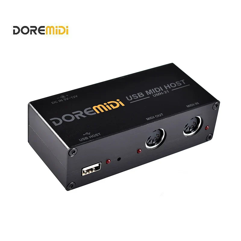 Black doremidi usb midi host box umh-21 with silver ports and red indicator lights for high-speed midi conversion