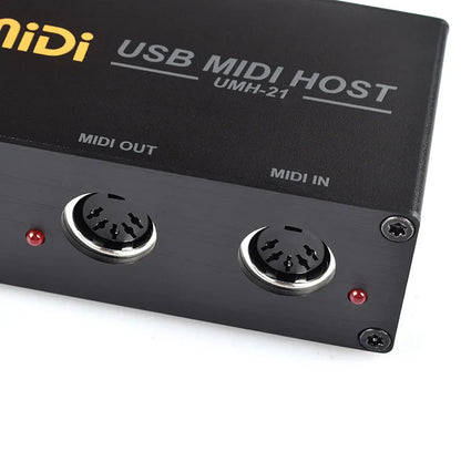 Black midi usb midi host box with silver-trimmed ports and red indicator lights for high-speed midi conversion