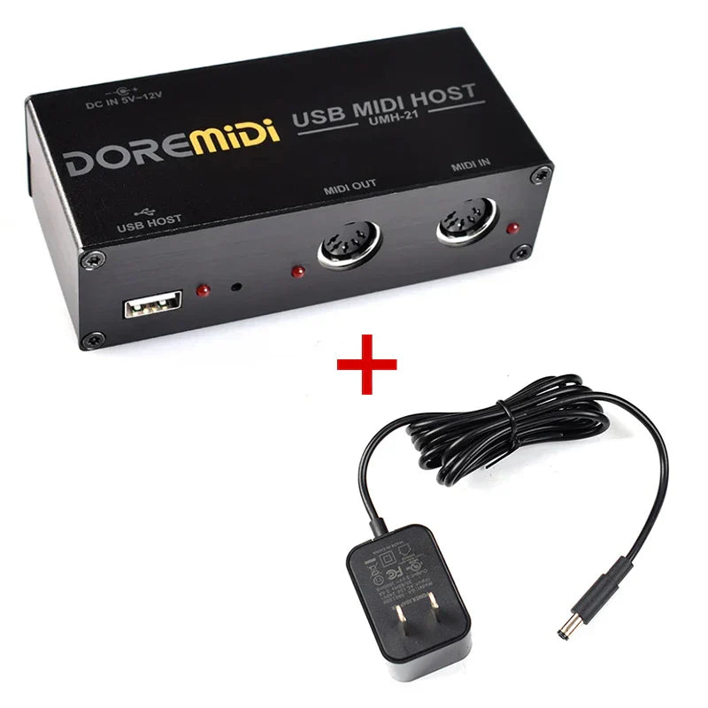 Black doremidi high-speed usb midi host box umh-21 with silver lettering two 5.5mm audio jacks indicator light and power adapter
