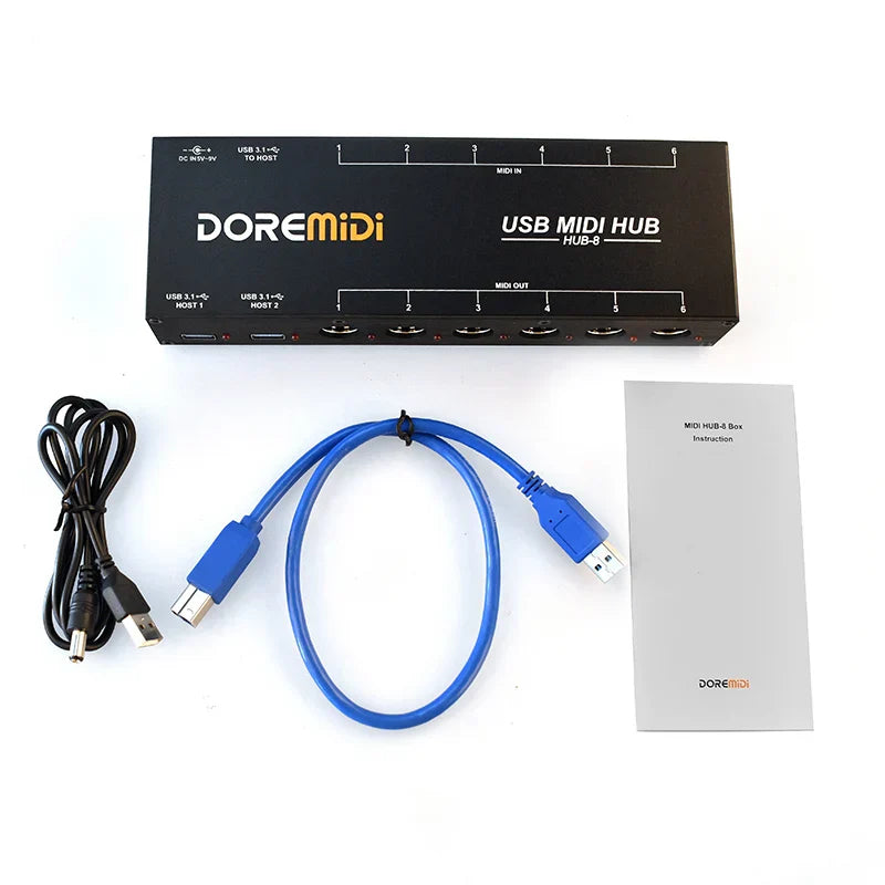 Black doremidi hub-8 6x6 midi interface host showing eight ports with labeled input output connections on the back side