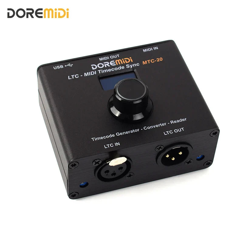 Black doremidi ltc-midi timecode sync device with central knob and labeled ports to synchronize midi timecode and smpte ltc timecode