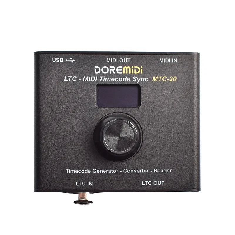 Black doremidi ltc-midi timecode sync device with central rotary knob and labeled ports to synchronize midi timecode and smpte ltc timecode