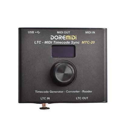 Black doremidi ltc-midi timecode sync device with central rotary knob and labeled ports to synchronize midi timecode and smpte ltc timecode