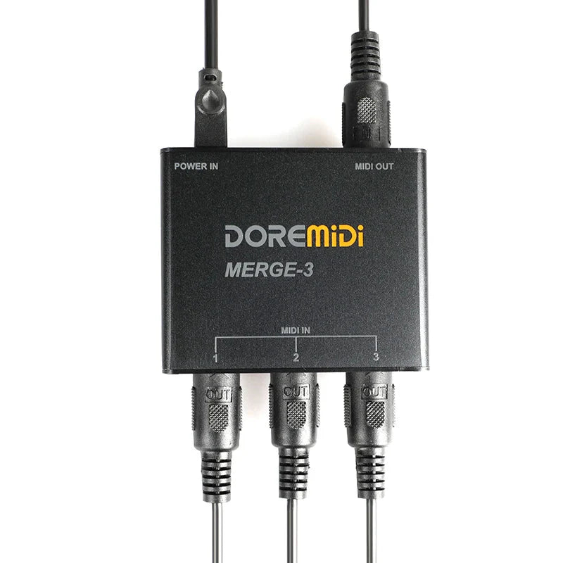 Black doremidi midi host box adapter converter merge-3 showing three silver output jacks and power port on the back side