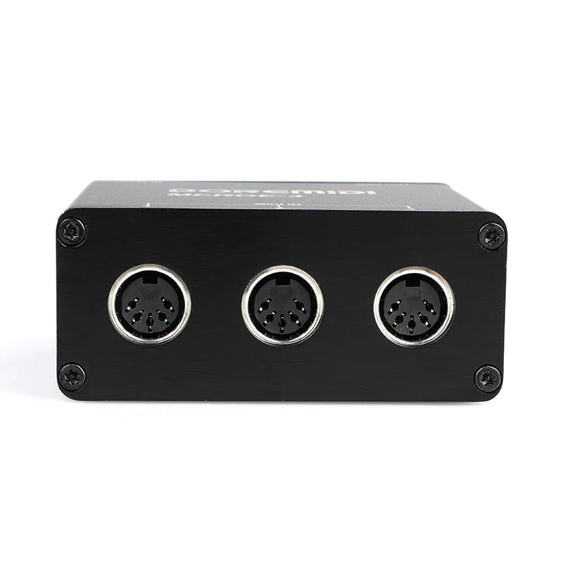 Black rectangular doremidi midi host box adapter converter merge-3 with three silver d-sub connectors on front panel