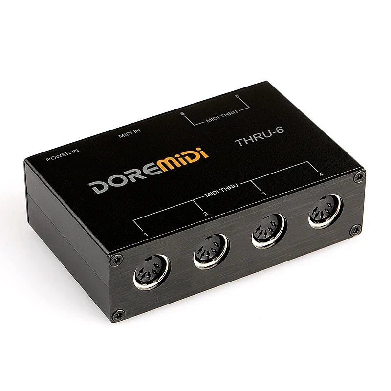 Black doremidi midi thru 6 box controller with six 5-pin din ports and power input showing back side of midi five-pin interface