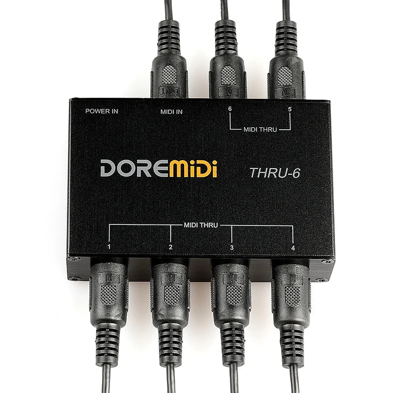 Black doremidi midi thru 6 box controller with six black threaded connectors and midi five-pin interface inputs and outputs