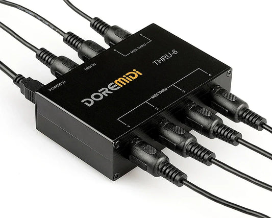 Black doremidi midi thru 6 box controller with multiple cables connected to midi five-pin interface ports on back side