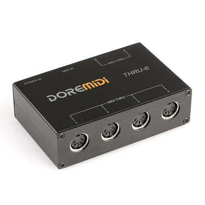 Black doremidi midi thru-6 box with six silver 5-pin din ports and orange branding for type beat music use