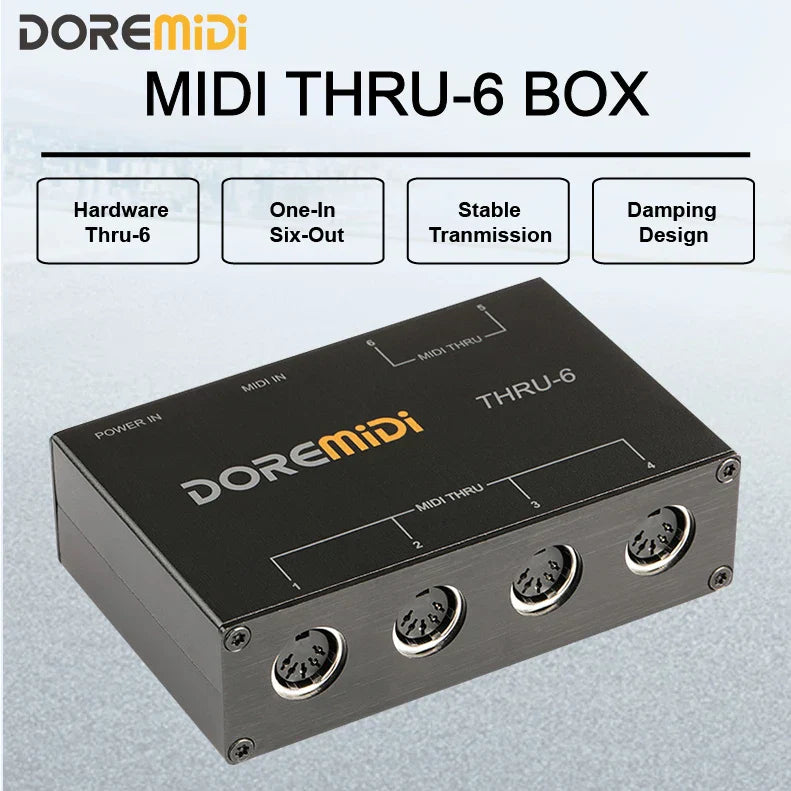 Black doremidi midi thru-6 box with six metallic connectors and sleek rectangular design for type beat music setups