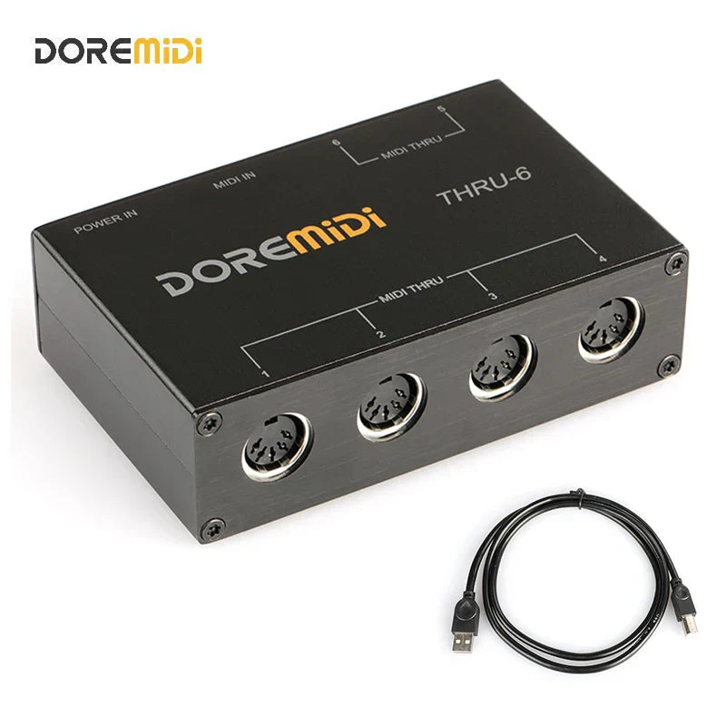 Black doremidi midi thru-6 box with four 5-pin din ports and usb power cable for type beat music setups