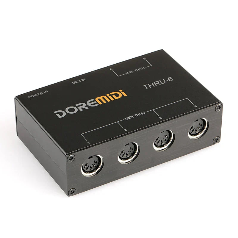 Black doremidi midi thru-6 box showing six silver 5-pin din ports and orange branding for type beat music