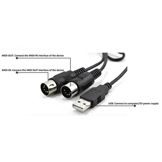 Black doremidi midi to usb cable with metallic 5-pin connectors and indicator light ftp for usb midi converter use