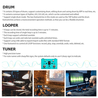 Teal double footswitch looper pedal with two knobs and multiple jacks supports single loop and ≥300ma power adapter