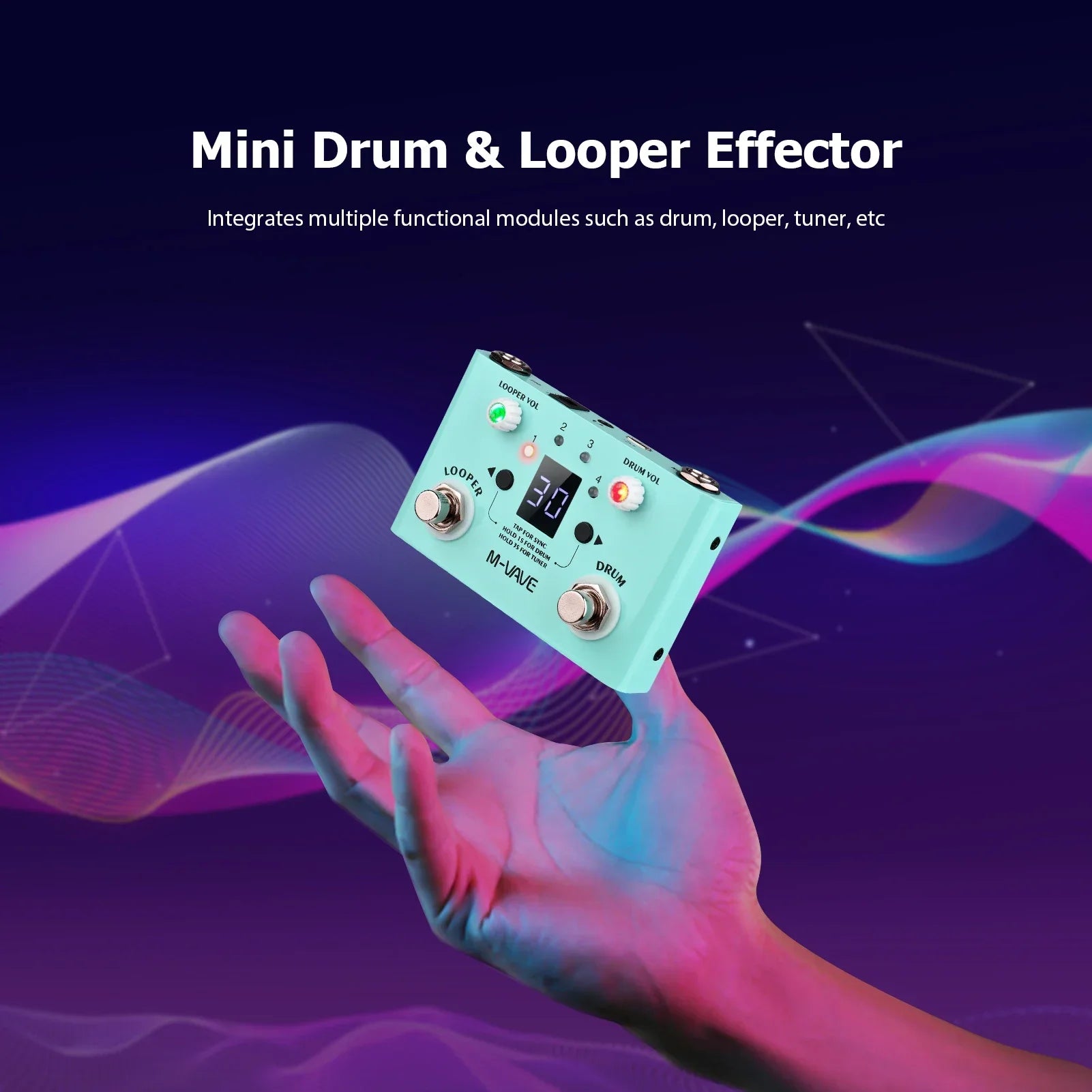 Mint green m-audio double footswitch looper pedal with silver foot pedals digital display supports single loop recording time and ≥300ma power adapter