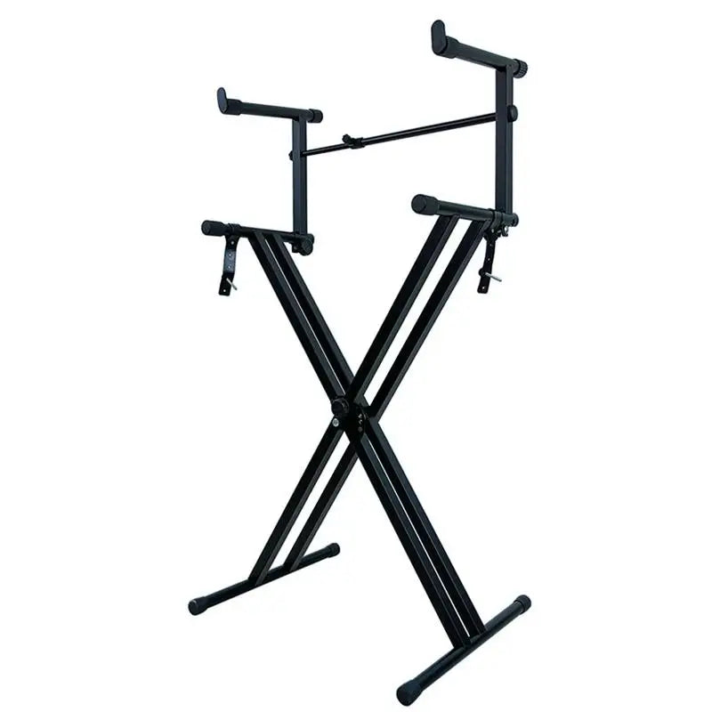 Black metal double keyboard stand with adjustable arms x shaped sturdy design and locking straps heavy duty piano display holder