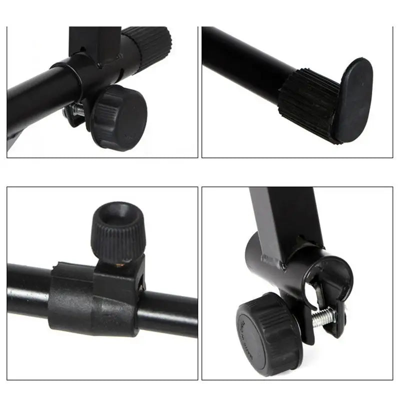Black metal double keyboard stand with adjustable clamps textured knobs and locking straps heavy for piano display holder