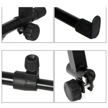 Black metal double keyboard stand with adjustable clamps textured knobs and locking straps heavy for piano display holder