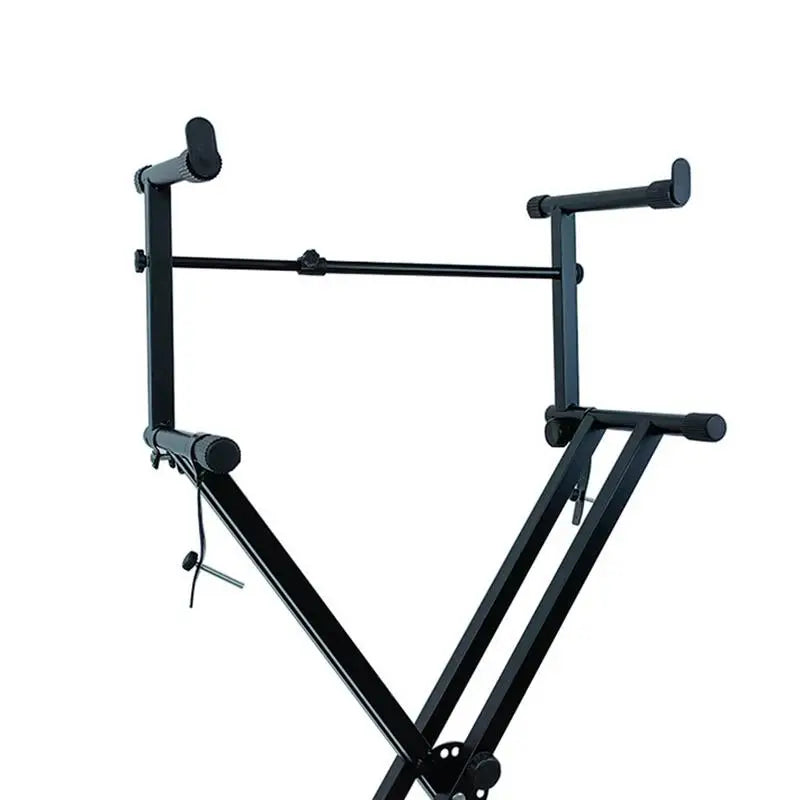Black metal double keyboard stand with adjustable padded arms and locking straps heavy duty piano display holder