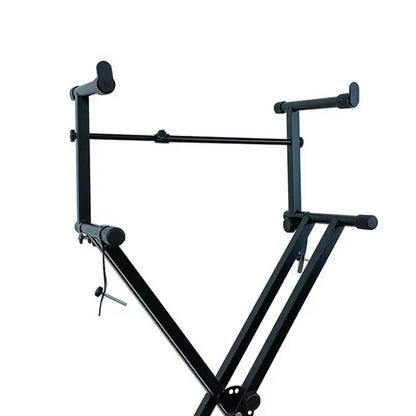 Black metal double keyboard stand with adjustable padded arms and locking straps heavy duty piano display holder