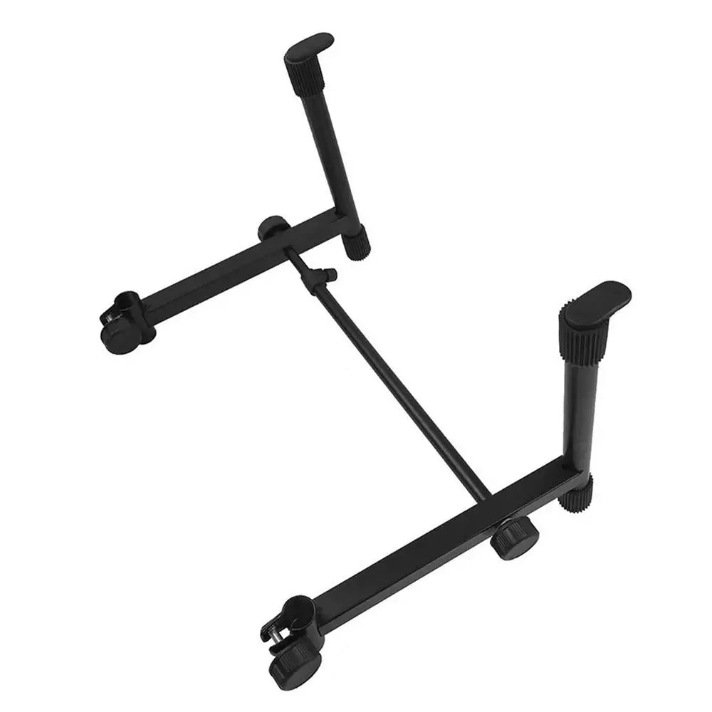 Black metal double keyboard stand with adjustable height wheel-mounted feet and locking straps heavy duty piano display holder
