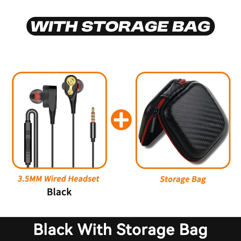 Black mic dynamic headset with gold accents and 3.5mm jack packaged in carbon fiber sport earbuds bass bag