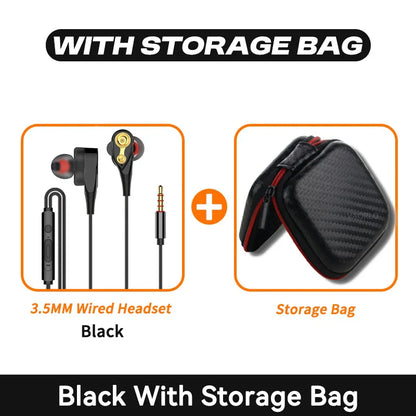 Black mic dynamic headset with gold accents and 3.5mm jack packaged in carbon fiber sport earbuds bass bag