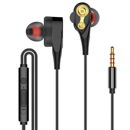 Black in-ear headphones with gold accents and red ear tips featuring mic dynamic headset and bass surround shocking sound