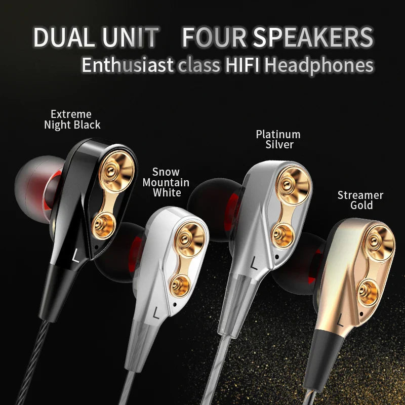 Four pairs of double moving coil mic dynamic headset earbuds in black white silver and gold with bass surround shocking sound