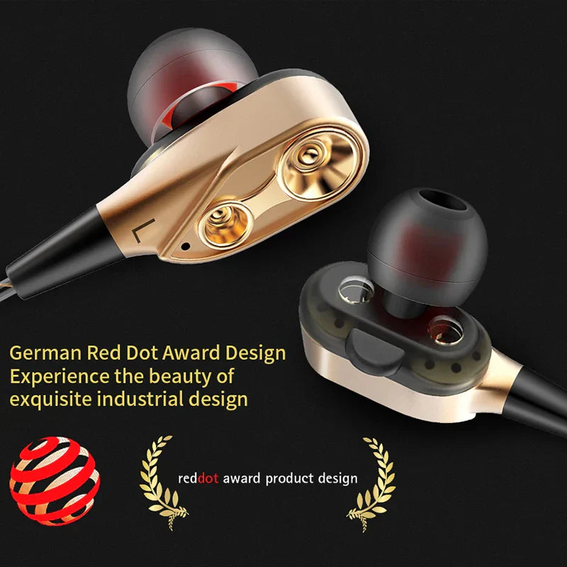Gold-colored double moving coil mic dynamic headset with black silicone tips for sport earbuds bass surround shocking sound