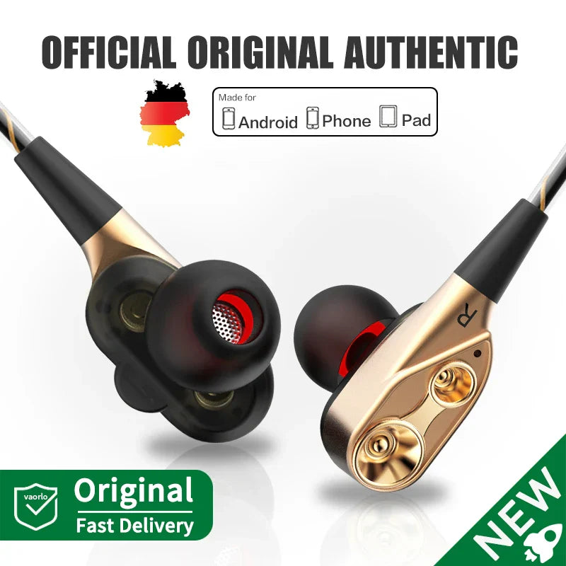 Gold-colored double moving coil headphones with black silicone tips and red accents mic dynamic headset for bass surround shocking sound