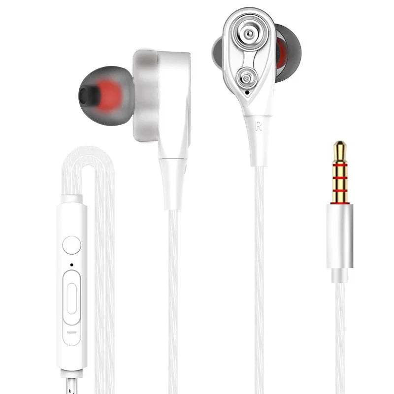 White in-ear mic dynamic headset with dual-driver design, red accents, gold-plated 3.5mm jack for bass surround shocking sound