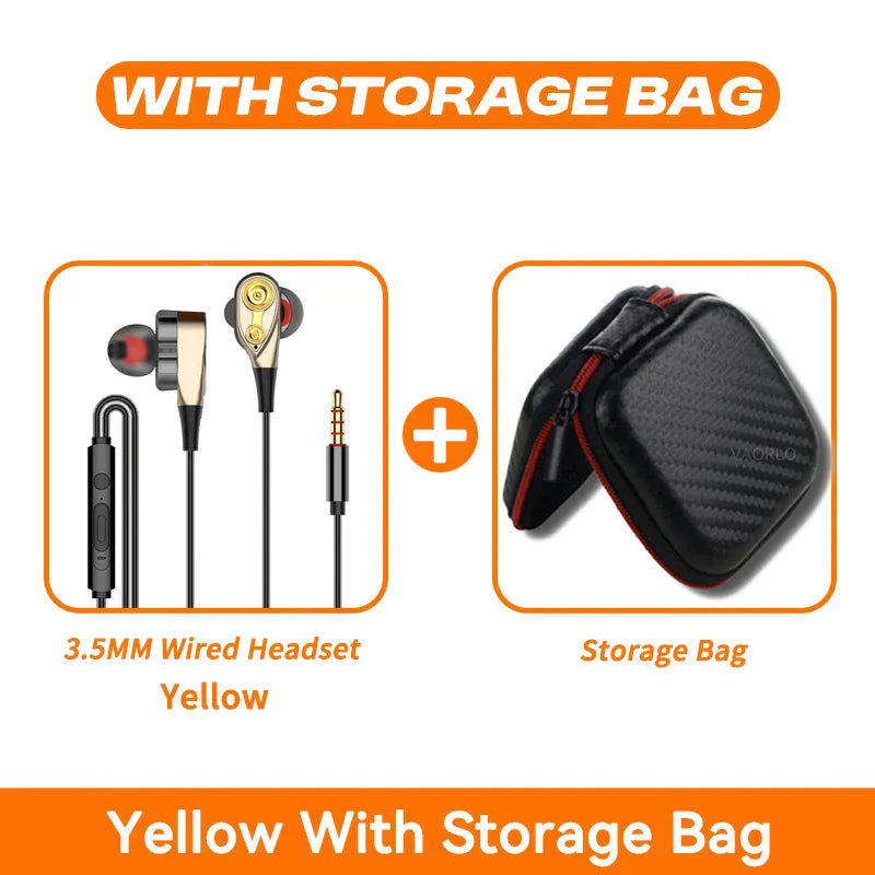 Yellow 3.5mm mic dynamic headset wired in-ear sport earbuds bass with gold accents and black storage bag with red zipper trim