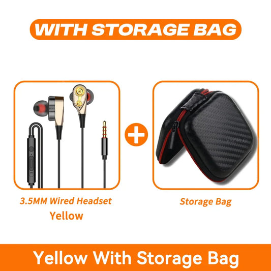 Yellow 3.5mm mic dynamic headset wired in-ear sport earbuds bass with gold accents and black storage bag with red zipper trim