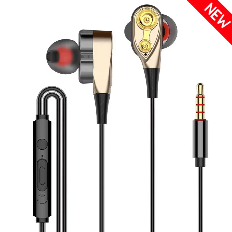 Gold and black dual-driver wired earphones with sleek metallic housing mic dynamic headset for sport earbuds bass surround shocking sound