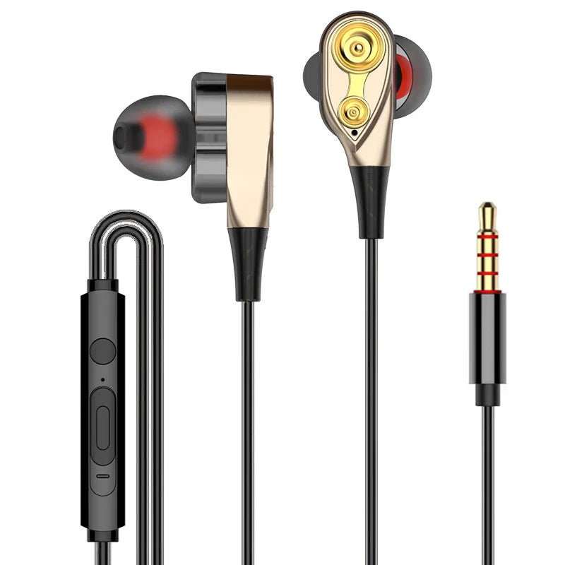 Gold and black dual-driver mic dynamic headset with sleek metallic finish for sport earbuds bass surround shocking sound