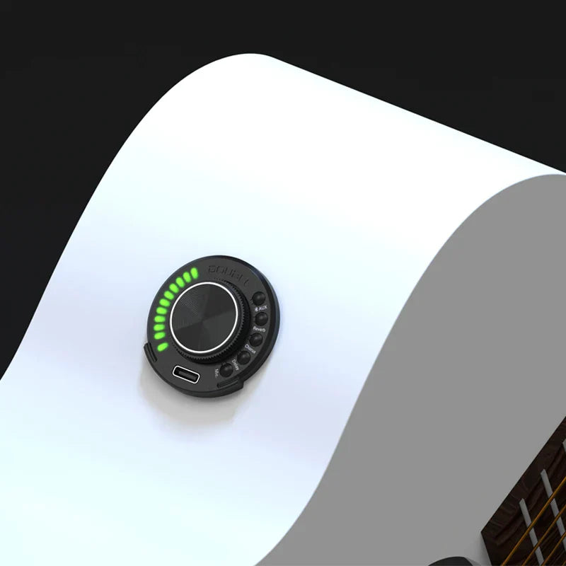 White electric guitar with black control knob featuring green led indicators and buttons for double os1 acoustic guitar pickup chorus microphone digital control