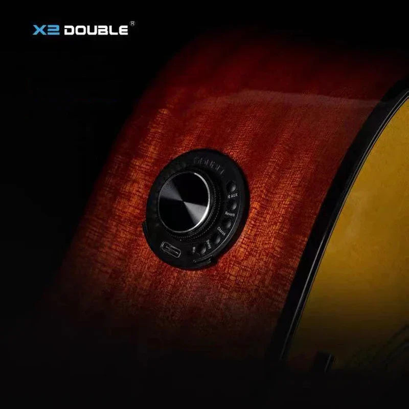 Double os1 acoustic guitar pickup chorus delay reverb effects control panel with black matte and silver center on wood