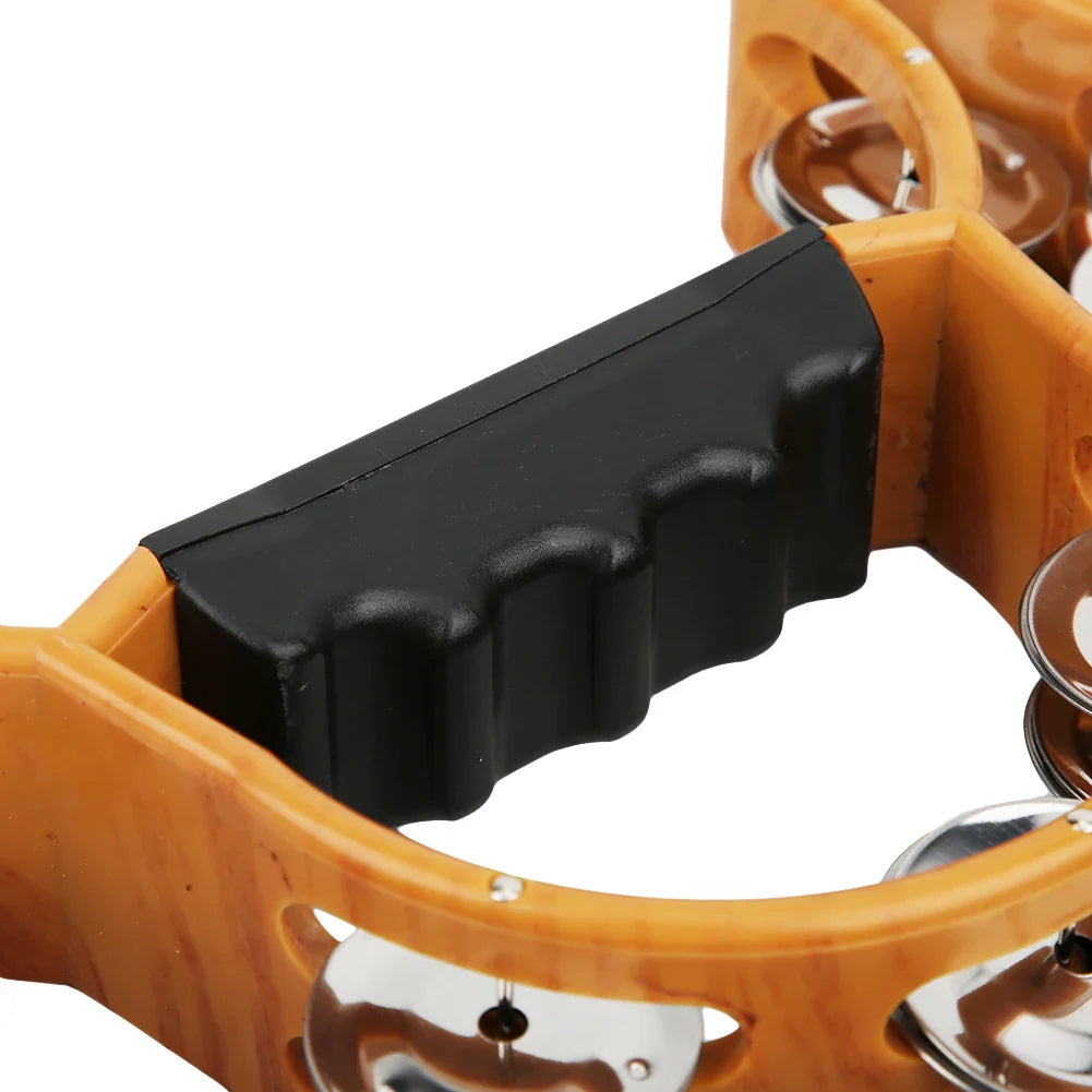 Wooden handbell tambourine with ergonomic grip percussion handle and shiny tambourine metal jingles double row design