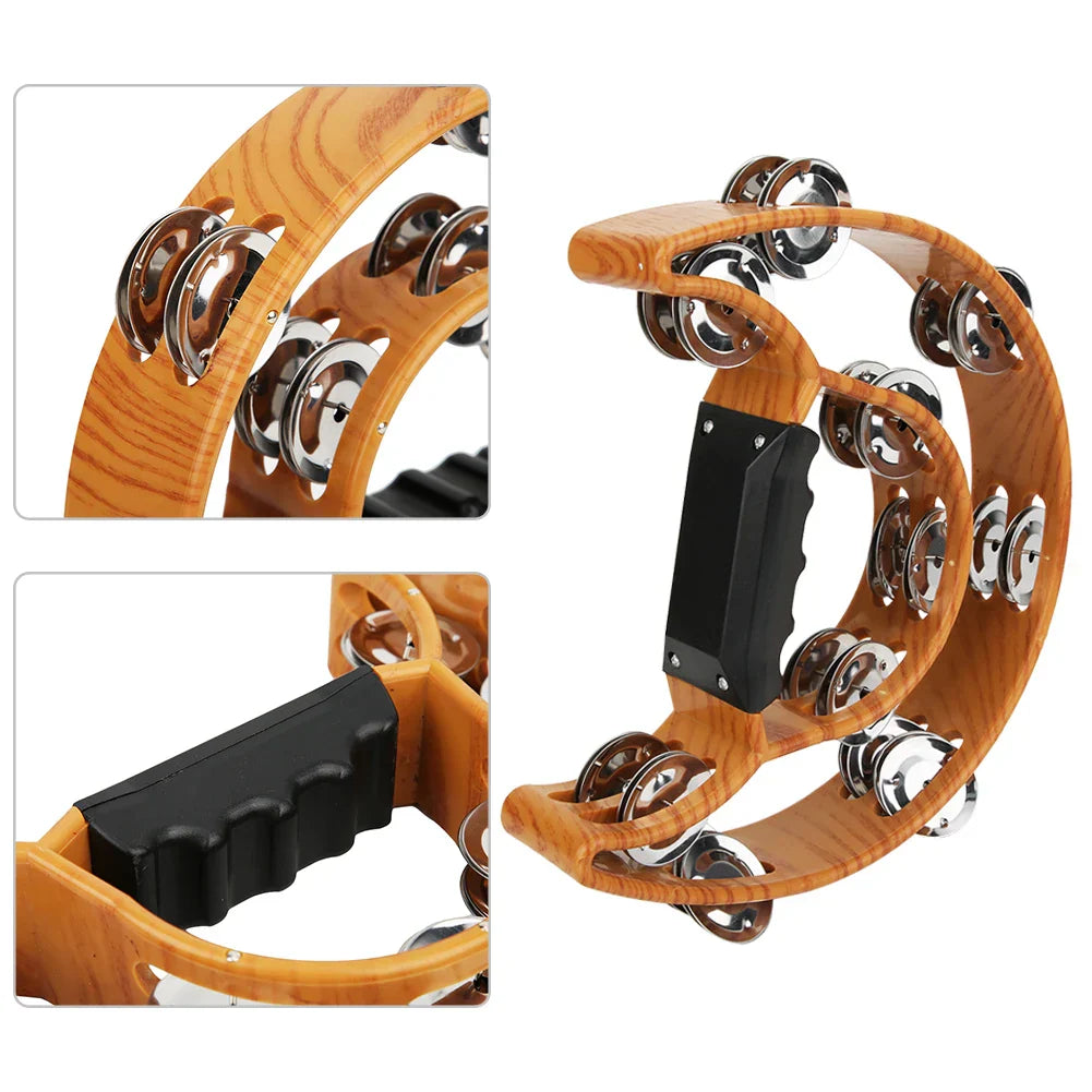 Wooden handbell tambourine with double row metal jingles and black ergonomic grip percussion instrument
