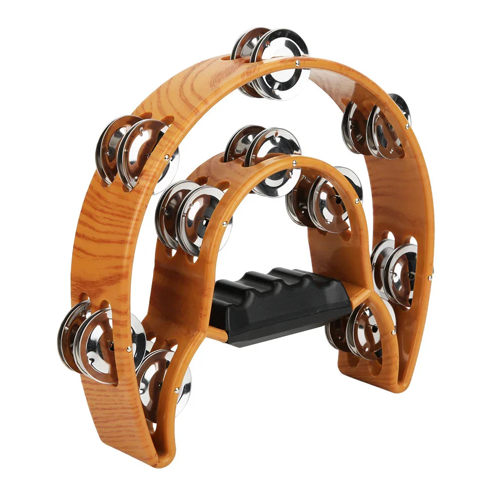 Wooden handbell tambourine with tambourine metal jingles and ergonomic grip percussion handle in black color