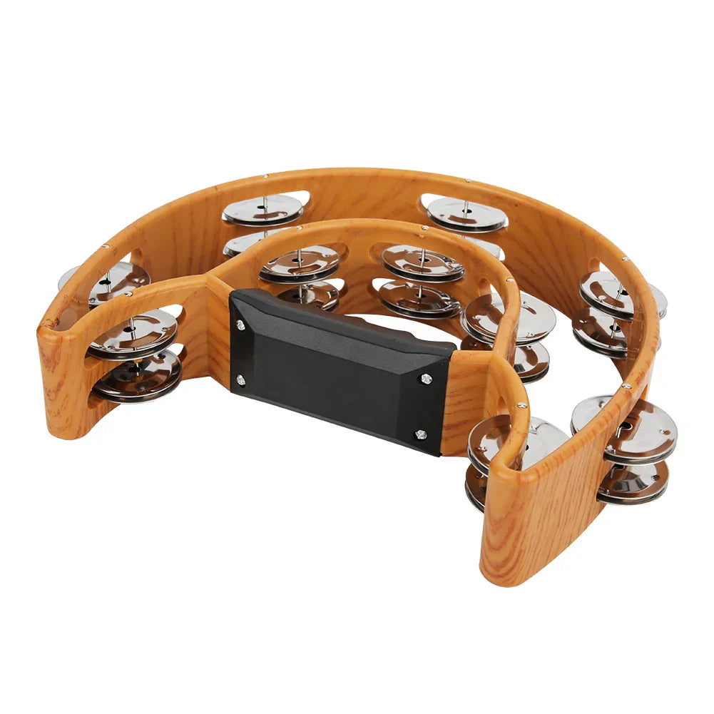 Wooden handbell tambourine with double row tambourine metal jingles and ergonomic grip percussion handle